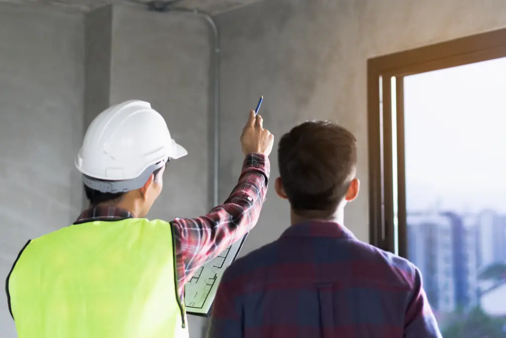 Construction supervisor in safety vest and hard hat pointing at wall while reviewing plans with a client near a window