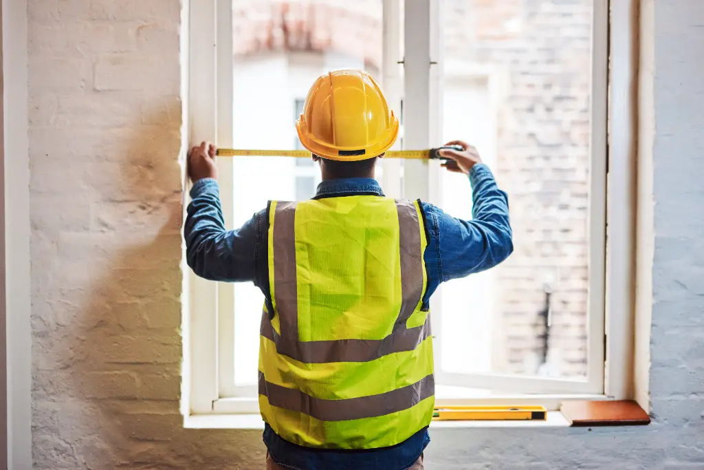 Contractor measuring a window opening during rental turnover maintenance before installing or replacing fixtures