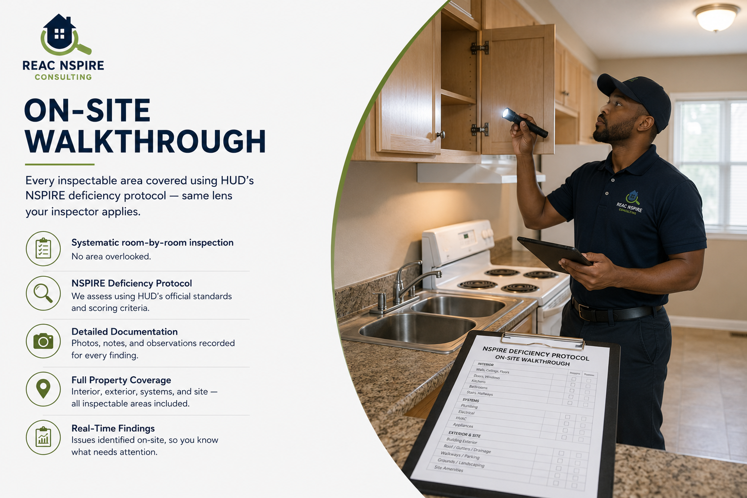 Consultant documenting findings during a HUD inspection walkthrough