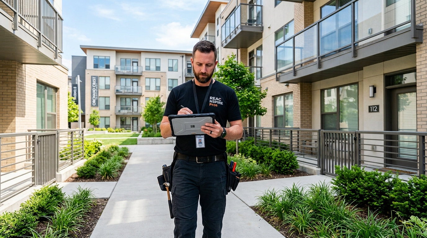 Consultant recording findings on a tablet during a unit walkthrough