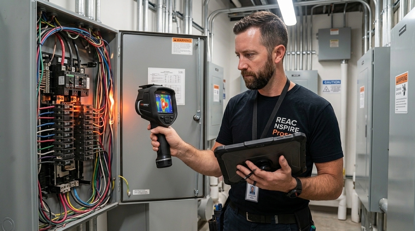 Consultant inspecting electrical panels during a property survey