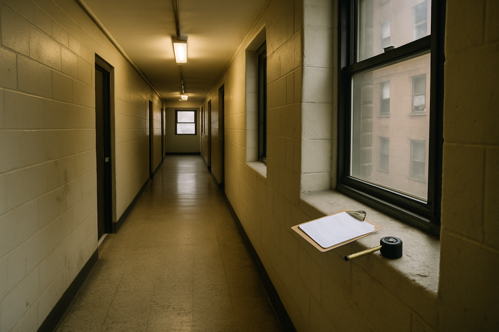 A recognizable NYC public housing corridor conveys the pre-NSPIRE inspection context without showing faces, signage, or