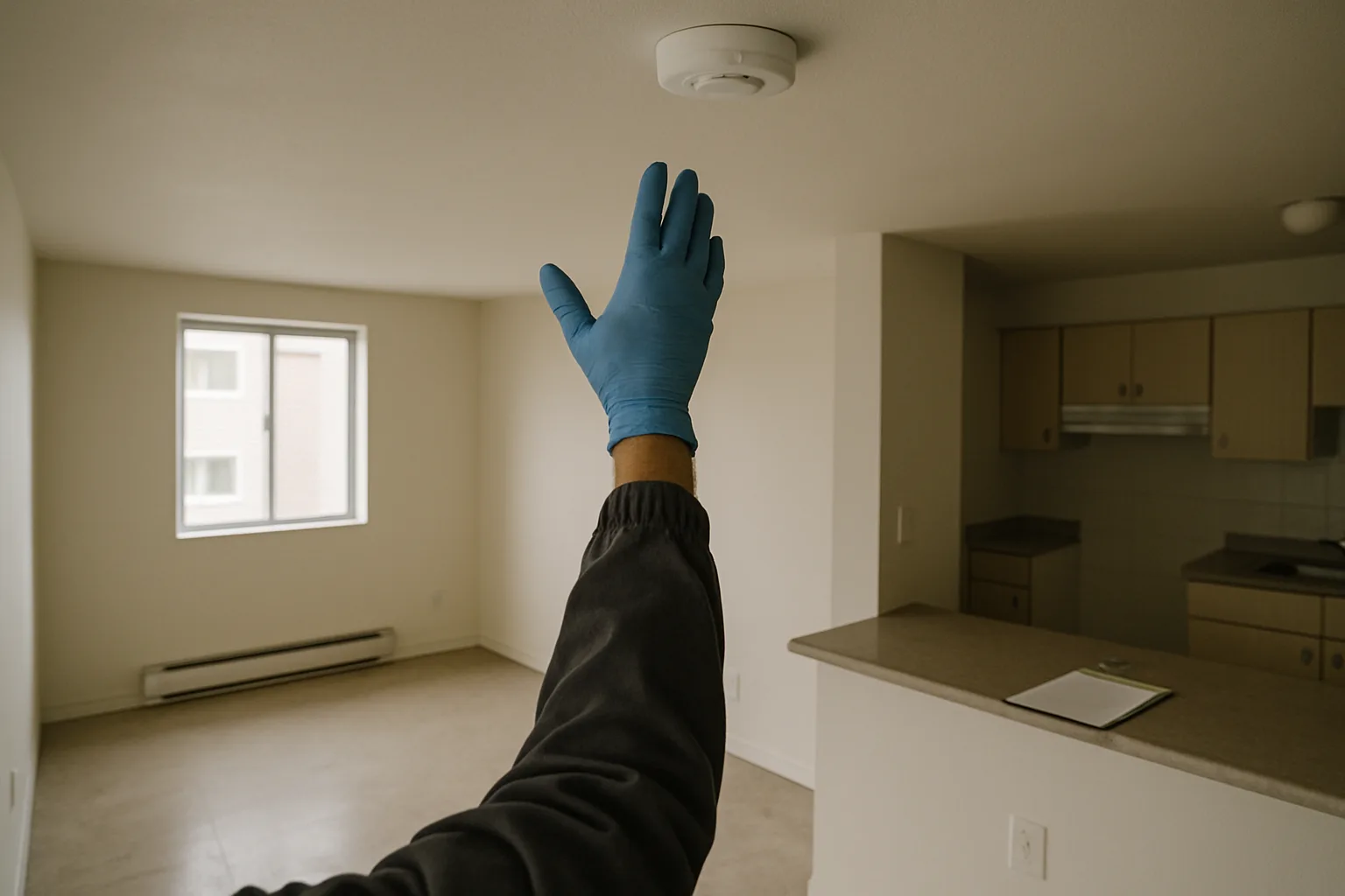 A gloved hand inspecting a smoke detector on the ceiling of a vacant, freshly painted affordable housing apartment unit, with a clipboard visible on the kitchen counter near a GFCI outlet