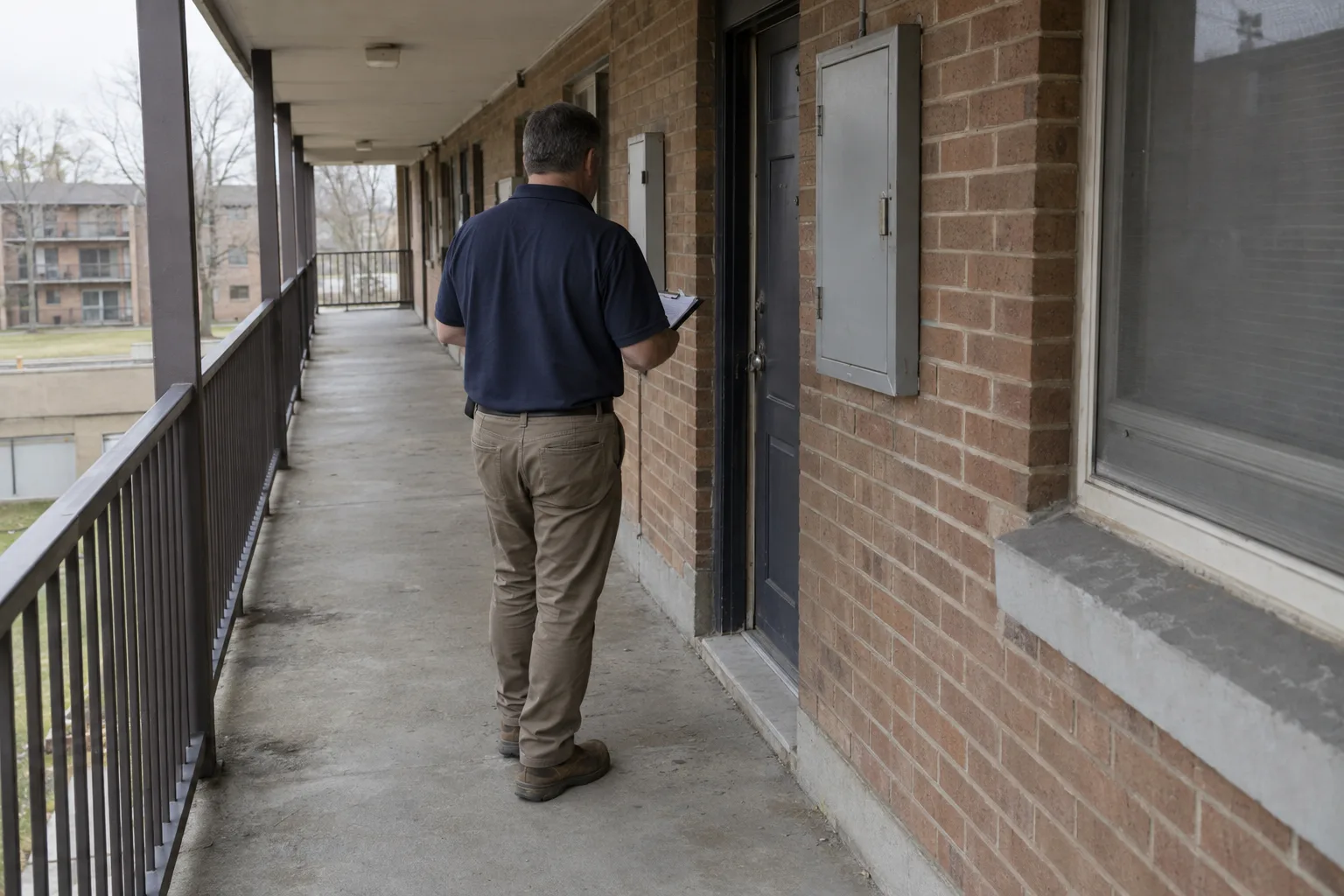 A housing inspector seen from behind walks an exterior hallway of a brick public housing complex, holding a clipboard and examining a unit entry door and utility panel
